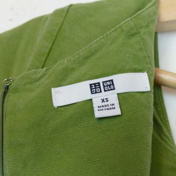 Uniqlo Dress Women XS Green Linen Blend Square Neck Short Sleeves Pockets Midi - Picture 13 of 15